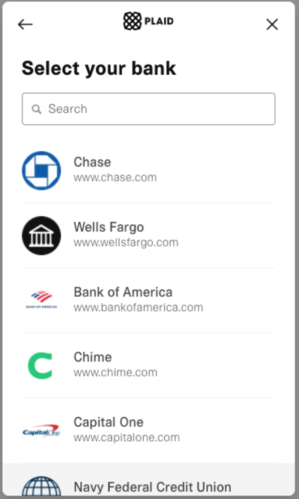 Plaid user journey select bank