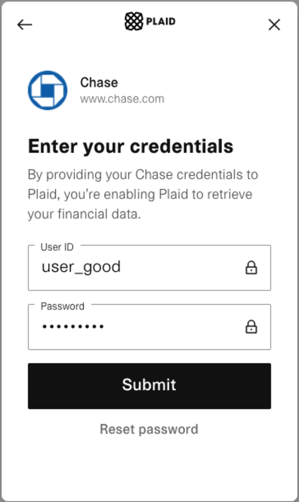 Plaid user journey enter credentials