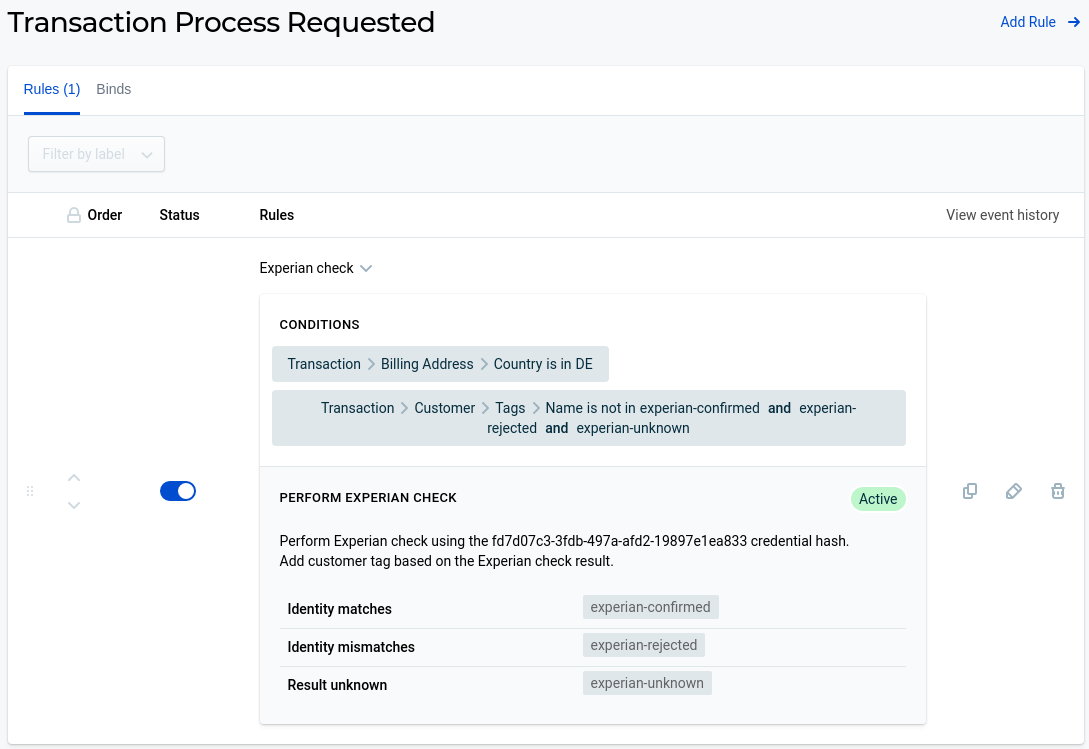Screenshot of the Experian check rule